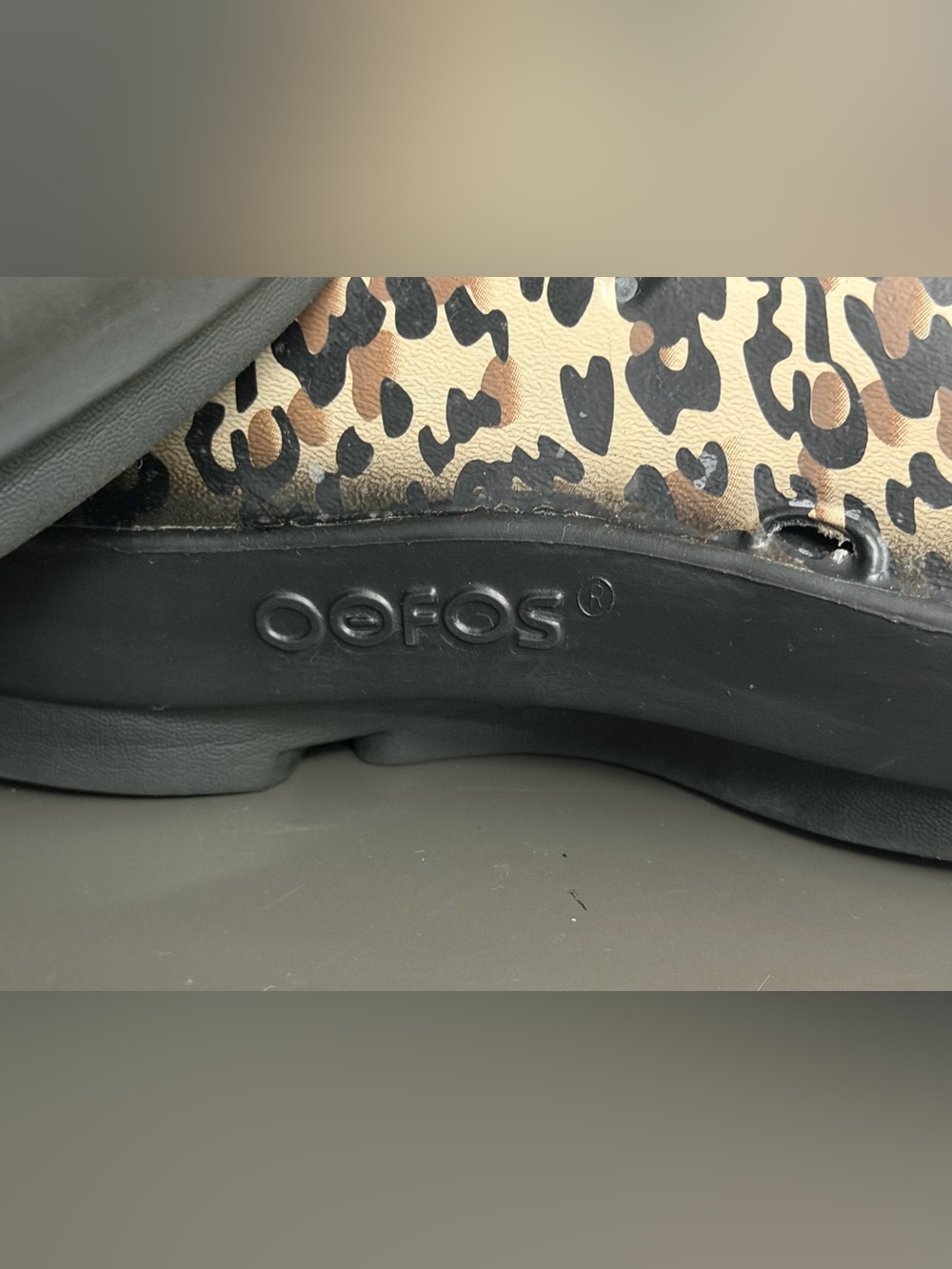 OOFOS Leopard Print Slide Clog in Black and Tan - Picture 5 of 10